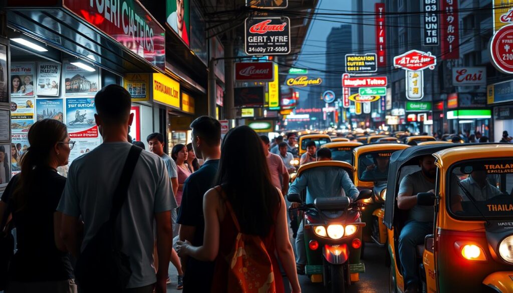 A bustling street scene in Bangkok, Thailand, showcasing the potential pitfalls tourists may encounter. In the foreground, a group of tourists stand before a kiosk, hesitantly listening to a pushy operator's sales pitch. Their expressions convey uncertainty, as they navigate the complex web of tour offers. The middle ground features a mix of locals and tourists, each going about their day, while the background is filled with vibrant storefronts, neon signs, and the iconic tuk-tuks weaving through the congested traffic. Dramatic lighting casts long shadows, evoking a sense of caution and the need for vigilance. The overall atmosphere exudes a cautionary tale, highlighting the importance of being aware of common tourist scams when exploring the wonders of Thailand.