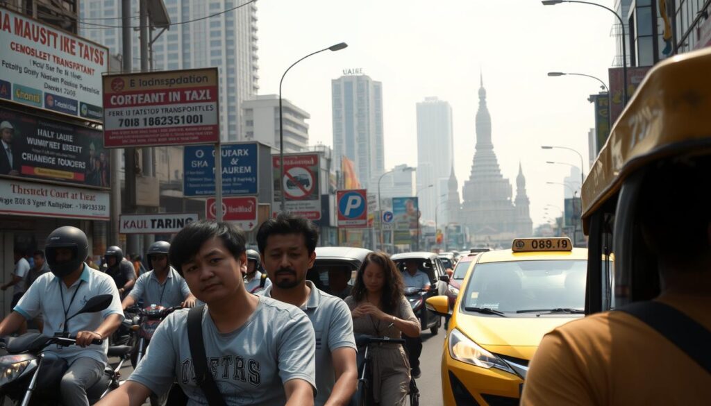 A bustling street scene in Bangkok, Thailand, with various modes of transportation - tuk-tuks, motorbikes, and taxis - swarming through the congested roads. In the foreground, a group of tourists appears confused and frustrated, their body language suggesting they have fallen victim to a transportation scam. The middle ground features signage and advertisements for dubious transportation services, hinting at the deceptive practices that prey on unsuspecting visitors. The background is hazy, with towering skyscrapers and the iconic Wat Arun temple in the distance, creating a sense of both familiarity and unease. The lighting is harsh, casting dramatic shadows and highlighting the tension of the scene. The overall atmosphere conveys a cautionary tale about the need for vigilance when navigating Thailand's transportation system.