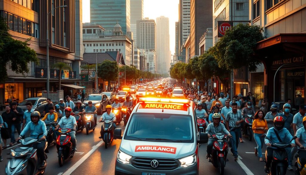 A bustling street scene in Bangkok, Thailand. In the foreground, a speeding ambulance with flashing lights navigates the crowded urban landscape, its siren echoing through the air. Pedestrians and motorbikes part ways, allowing the emergency vehicle to swiftly make its way to its destination. In the middle ground, people hurry along the sidewalks, some carrying medical supplies or assisting the injured. The backdrop is a mix of modern high-rises and traditional Thai architecture, bathed in warm, golden afternoon light. The atmosphere conveys a sense of urgency and the need for reliable, accessible medical care in this vibrant, densely populated city.