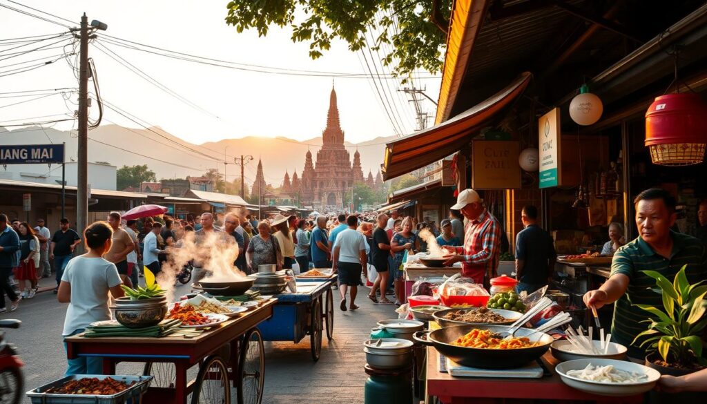 A bustling street scene in Chiang Mai's vibrant culinary district, with outdoor food stalls and local vendors showcasing an array of traditional Thai dishes. In the foreground, colorful handcarts overflow with fragrant spices, fresh produce, and sizzling woks. The middle ground features lively crowds gathered around low stools, savoring steaming bowls of noodles and aromatic curries. In the background, ancient temple spires and lush, verdant hills create a serene backdrop, bathed in the warm, golden light of the late afternoon sun. The atmosphere is one of lively energy, rich aromas, and a celebration of Chiang Mai's renowned gastronomic heritage.