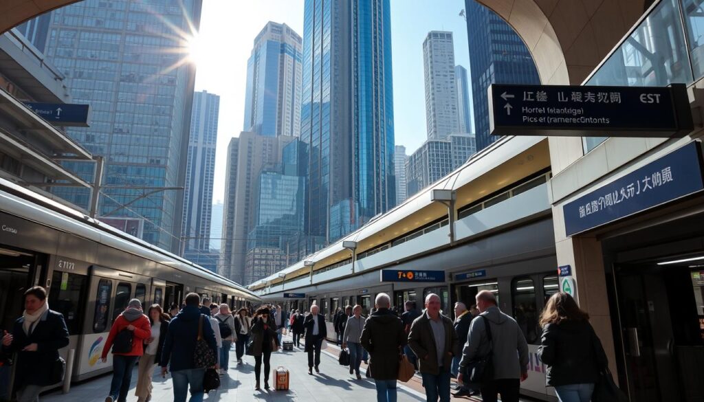 A bustling urban metro station, with sleek trains gliding along elevated tracks against a backdrop of towering skyscrapers. Commuters hurry through the brightly lit concourse, their footsteps echoing on the polished tiles. Sunlight streams in through large windows, casting a warm glow on the scene. Signage in multiple languages points the way to platforms, escalators, and exits. The overall atmosphere is one of efficient, modern transportation, seamlessly integrated into the heart of the city.