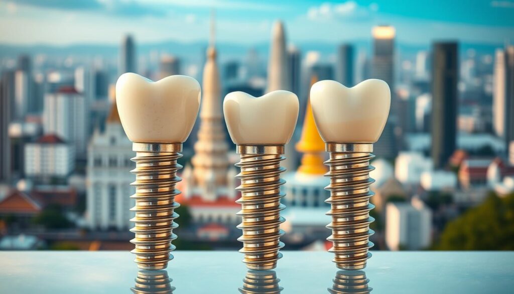 A closeup view of high-quality dental implants against a backdrop of the vibrant city of Bangkok, Thailand. The implants are precision-crafted, with a gleaming titanium base and a natural-looking porcelain crown. The image is lit with a soft, diffused light, highlighting the subtle textures and details of the implants. The foreground is in sharp focus, while the cityscape in the background is slightly blurred, creating a sense of depth and emphasizing the implants as the central focus. The overall mood is one of professionalism, quality, and the cost-savings associated with receiving dental care in Thailand.