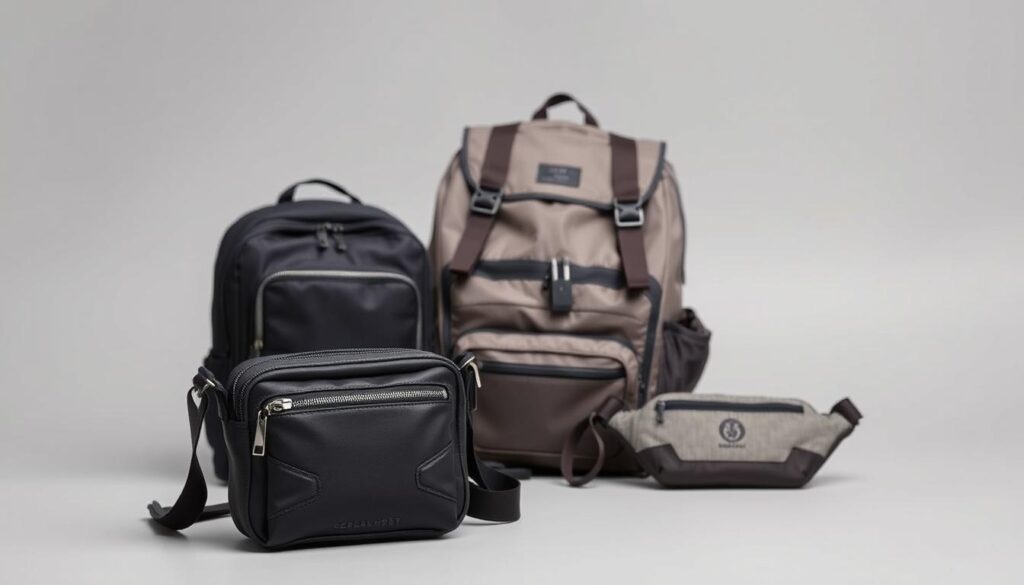 A compact, versatile anti-theft travel gear set rests on a sleek, minimalist background. In the foreground, a crossbody bag with hidden zippered pockets and RFID-blocking technology stands ready to secure valuables. Beside it, a sturdy, lockable backpack with reinforced straps and hidden compartments for storing electronics and documents. In the middle ground, a sleek, lightweight money belt with discrete pockets blends seamlessly with the neutral tones. Soft, even lighting illuminates the scene, conveying a sense of utility and practicality for the discerning traveler seeking to safeguard their belongings.