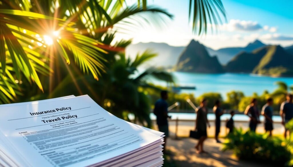 A comparison of Thailand medical travel insurance policies against a backdrop of tropical foliage, with a focal point on the selection of the right policy. Sunlight filters through the lush greenery, casting a warm, inviting glow. In the foreground, a stack of insurance documents contrasts with a serene beach scene, symbolizing the importance of making an informed decision. The middle ground features silhouettes of people engaged in various activities, representing the diverse needs of travelers. The background showcases the natural beauty of Thailand, with distant mountains and a vibrant blue sky, evoking a sense of adventure and well-being. The overall composition conveys the message of selecting the appropriate medical travel insurance to protect oneself while exploring the wonders of Thailand.