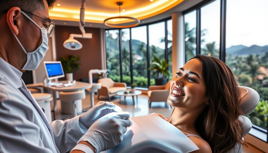 A contemporary dental clinic in Thailand, equipped with state-of-the-art technology and staffed by skilled cosmetic dentists. In the foreground, a patient is receiving a teeth whitening treatment, their face illuminated by the soft glow of the dental equipment. The middle ground features a modern waiting area with comfortable seating and calming decor, conveying a sense of relaxation and professionalism. In the background, large windows offer a panoramic view of the lush, tropical landscape outside, creating a soothing, natural atmosphere. The lighting is soft and warm, highlighting the clean, hygienic environment. The overall mood is one of high-quality, attentive care in a serene, inviting setting.
