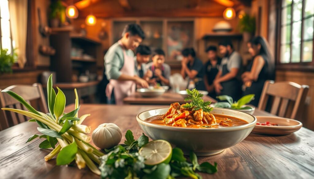 A cozy Thai kitchen with a charming wooden table, adorned with vibrant ingredients like lemongrass, kaffir lime leaves, and fresh herbs. In the foreground, a chef skillfully prepares a fragrant curry, while in the middle ground, students gather around, eagerly watching and learning the secrets of authentic Thai cuisine. The background features warm, natural lighting, casting a golden glow and creating an inviting, immersive atmosphere. The scene captures the essence of a hands-on, interactive Thai cooking class, where the aromas of spices and the joy of culinary discovery come together.