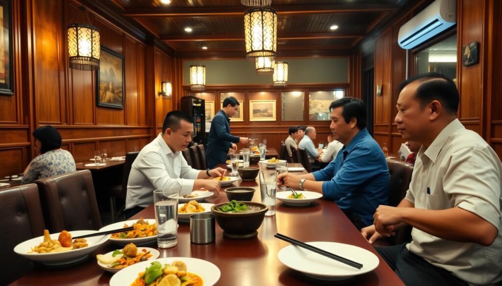 A cozy Thai restaurant setting with a traditional wood-paneled interior and decorative hanging lanterns. In the foreground, a well-set table with plates of steaming Thai dishes, chopsticks, and a small water bowl. At the center, diners engaged in polite conversation, elbows off the table, exhibiting proper etiquette. The middle ground shows servers gracefully moving between tables, replenishing drinks. In the background, glimpses of other diners savoring their meals, creating an atmosphere of authentic Thai hospitality. Soft, warm lighting illuminates the scene, conveying a sense of cultural immersion and culinary enjoyment.