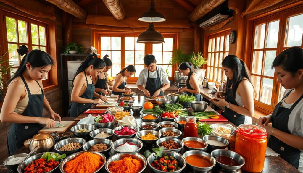 A cozy, inviting kitchen filled with beginners practicing Thai culinary techniques. In the foreground, students intently slice and dice fresh ingredients under the watchful eye of an experienced instructor. The middle ground showcases an array of vibrant, aromatic spices and sauces, their colors and textures beckoning to be explored. In the background, large windows flood the space with warm, natural light, creating a serene, welcoming atmosphere. The scene exudes a sense of discovery and learning, capturing the essence of a Thai cooking class for those new to the craft.