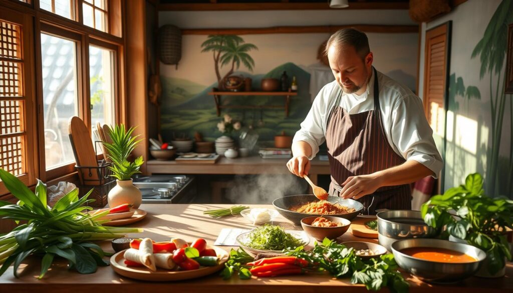 A cozy kitchen in a traditional Thai home, sunlight streaming through large windows, casting a warm glow over the scene. On the counter, an array of vibrant, fresh ingredients - lemongrass, kaffir lime leaves, chilies, and fragrant herbs. A chef, wearing a traditional Thai apron, demonstrates the intricate techniques of authentic Thai cooking, guiding students through the preparation of a signature dish, the air filled with the enticing aromas of spices and simmering sauces. In the background, a mural depicting a lush, tropical landscape sets the stage for this immersive culinary experience.