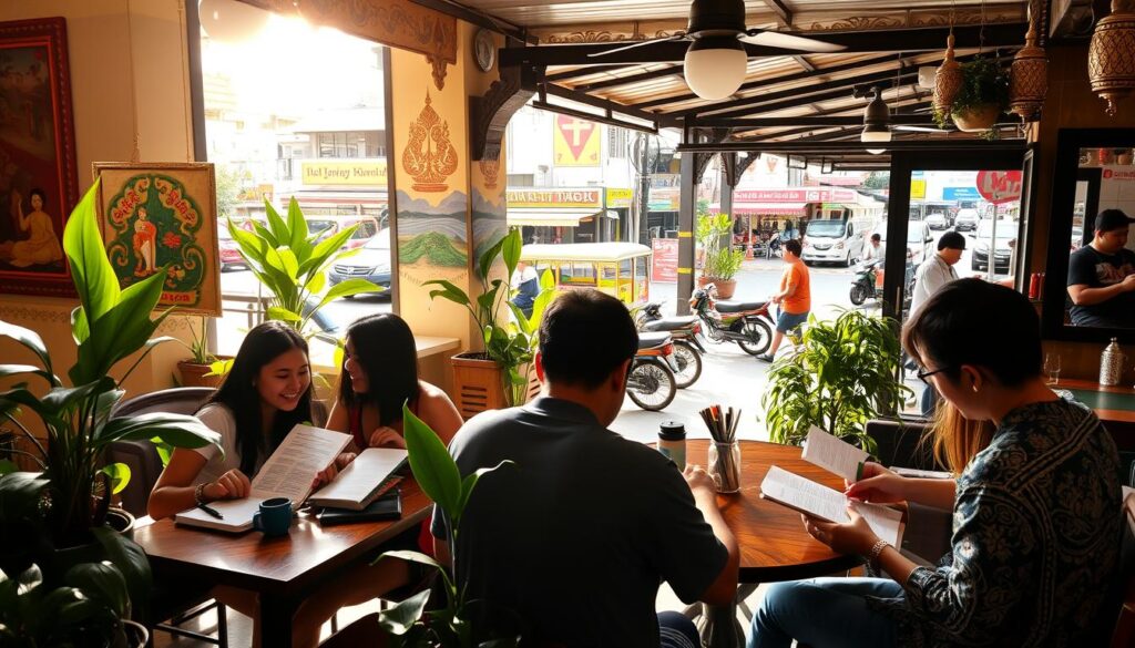 A cozy, sun-dappled cafe in Bangkok, with ornate Thai-style decor and lush potted plants. In the foreground, a group of eager language learners pore over their notebooks, practicing Thai phrases with a friendly local tutor. The middle ground features vibrant wall murals depicting Thai cultural symbols and landscapes. In the background, the cafe's open-air patio overlooks a bustling street scene, with tuk-tuks and pedestrians going about their day. Warm, natural lighting bathes the whole scene, creating a welcoming, immersive atmosphere for learning the Thai language.