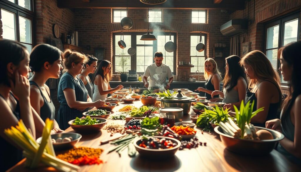 A cozy, sun-drenched Thai cooking class in Bangkok, with a long wooden table filled with fresh ingredients and traditional cookware. In the foreground, a group of students gathered around a chef, intently watching as they learn the art of authentic Thai cuisine. The middle ground features a vibrant display of colorful spices, herbs, and fragrant lemongrass. In the background, a warm, rustic kitchen with exposed brick walls and hanging pots and pans, creating an inviting and immersive atmosphere. Soft, natural lighting filters through large windows, casting a golden glow over the scene. The overall mood is one of focus, creativity, and the shared joy of learning to cook delicious Thai dishes.