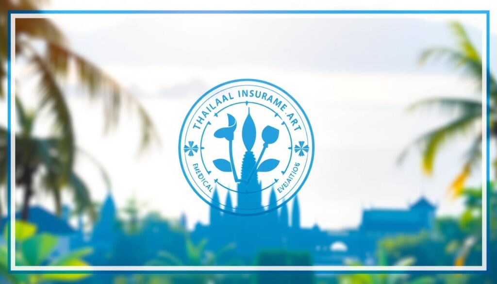 A crisp, high-resolution medical insurance cover design for Thailand, featuring a striking blue and white color palette. In the foreground, a central emblem or logo symbolizing the key benefits of medical travel insurance, such as emergency medical coverage and evacuation assistance. The middle ground showcases silhouettes of iconic Thai landmarks like the Grand Palace or Wat Arun, subtly incorporated to evoke the destination. The background depicts a soft, out-of-focus tropical landscape with lush greenery and a hint of the Andaman Sea. Bright, natural lighting casts a warm, inviting glow across the entire composition, conveying a sense of security and tranquility.