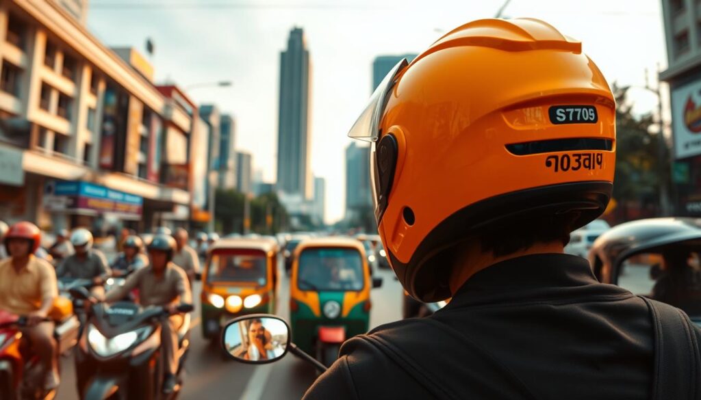 A crowded Bangkok street, bustling with traffic. In the foreground, a motorcycle rider wears a vibrant safety helmet, their eyes focused on the road ahead. In the middle ground, a tuk-tuk navigates the congested intersection, its bright colors and distinctive shape a symbol of Thai transportation. In the background, a modern skyscraper stands tall, contrasting with the traditional architecture. The scene is bathed in warm, golden light, creating a sense of energy and dynamism. The overall atmosphere conveys the importance of transportation safety measures in Thailand, where the busy streets require heightened awareness and responsible behavior from all road users.
