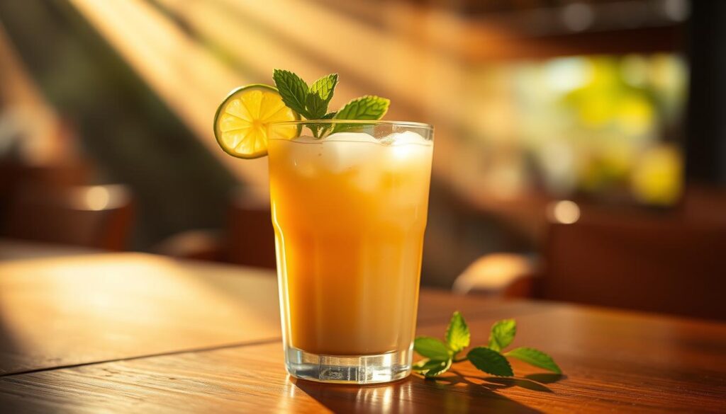 A delicate glass filled with creamy, pale amber-hued Thai iced tea, nestled atop a wooden table. Rays of warm, golden light filter through the glass, casting a soft, inviting glow. Fresh mint leaves and a slice of lime adorn the beverage, adding a refreshing, aromatic touch. The scene exudes a tranquil, tropical ambiance, inviting the viewer to savor the soothing, plant-based delight that pairs perfectly with a selection of vegan Thai dishes.