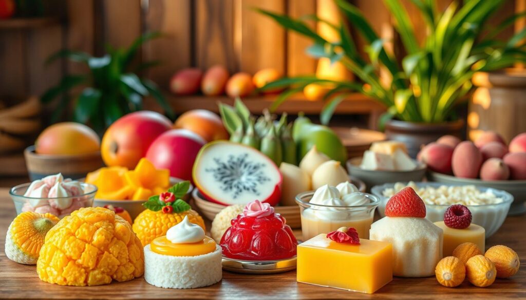 A delightful array of traditional Thai desserts, showcased against a warm, inviting backdrop. In the foreground, an exquisite selection of colorful, intricately crafted sweets - from vibrant mango sticky rice, to delicate rose-scented jellies, to the rich, creamy custards of the classic khao niaow ma muang. The middle ground features an array of fragrant tropical fruits, such as ripe mangoes, dragon fruit, and lychee, complementing the desserts. In the background, a softly lit, rustic setting with wooden surfaces and lush, verdant greenery, evoking the essence of Thailand's rich culinary heritage. Soft, golden lighting bathes the scene, creating a serene, appetizing atmosphere.