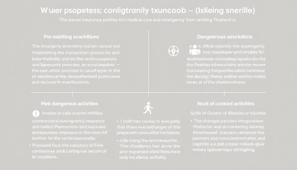 A detailed infographic depicting the common exclusions in travel insurance policies for medical care and emergency evacuation while visiting Thailand. A clean, minimalist design with clear icons and concise text highlighting key policy limitations such as pre-existing conditions, dangerous activities, and lack of coverage for certain types of illnesses or injuries. Soft, muted color palette with a touch of vibrant Thai-inspired hues to create a sense of professionalism and trustworthiness. Crisp, high-resolution rendering with a realistic, photographic appearance to convey authority and credibility.
