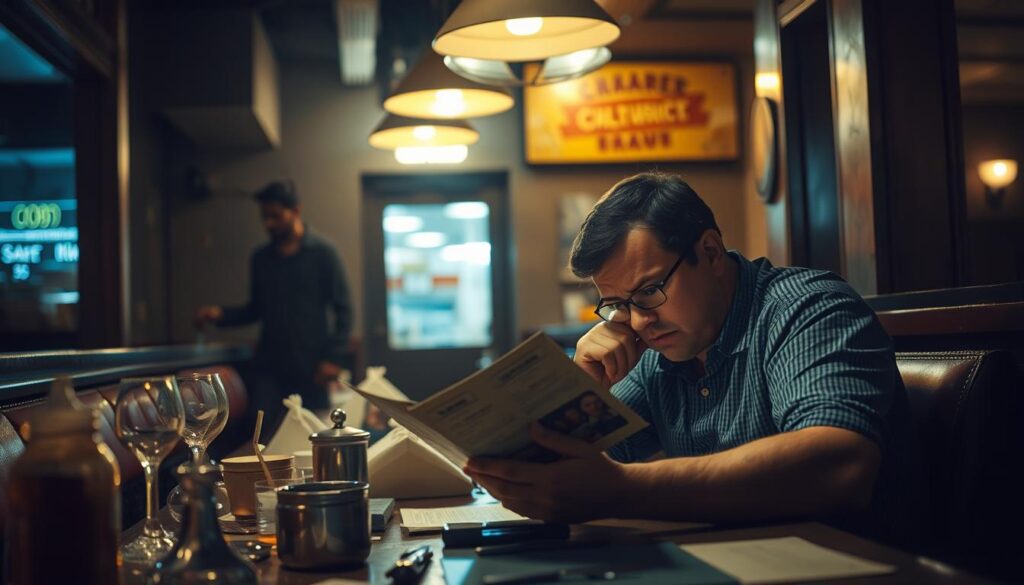 A dimly lit restaurant interior, with a patron seated at a table, scrutinizing the menu with a concerned expression. The table is cluttered with various items, hinting at hidden fees and unexpected charges. In the background, a shadowy figure lurks, suggesting the deceptive nature of the establishment. The lighting is warm and slightly ominous, creating an atmosphere of unease and caution. The overall scene conveys the sense of a tourist trap, where unsuspecting patrons may fall victim to scams and hidden costs.
