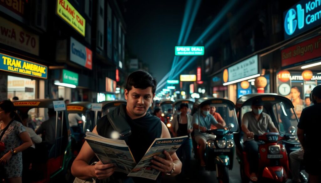 A dimly lit street in Bangkok, with tuk-tuks and bustling crowds in the background. In the foreground, a tourist stands perplexed, holding a map and guidebook, surrounded by locals offering 'special deals' and 'exclusive tours'. Beams of light from nearby storefronts cast long shadows, creating an air of uncertainty and caution. The scene is captured with a wide-angle lens, highlighting the juxtaposition of the unsuspecting traveler and the potential for deception. The overall mood is one of wariness and the need for vigilance, setting the stage for the "Understanding Common Scams Targeting Tourists" section.