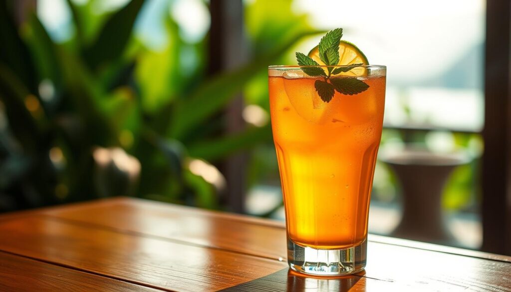 A glass filled with a vibrant amber-orange liquid, garnished with a fresh slice of lime and a sprig of mint, sits atop a wooden table. The glass is illuminated by warm, soft lighting, casting gentle shadows that accentuate the drink's alluring color and transparency. In the background, a blurred scene of lush, green foliage and a glimpse of a serene, tropical setting evokes the essence of Thailand. The overall composition exudes a sense of refreshment, relaxation, and the inviting aroma of the iconic Thai tea.