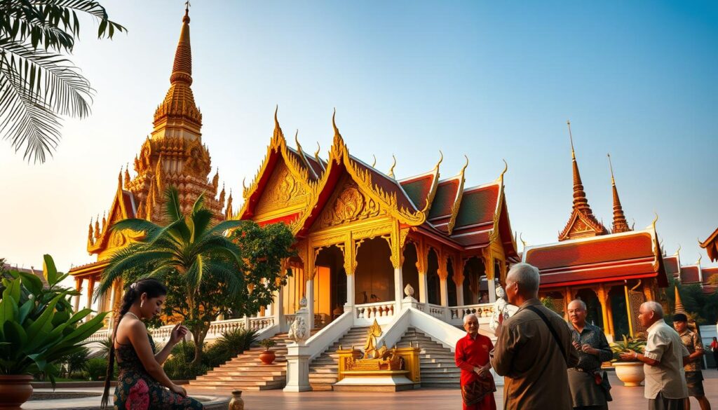A grand, ornate Thai temple with intricate golden spires and ornate carvings, surrounded by lush tropical foliage. In the foreground, a serene scene of Thai people engaging in traditional cultural practices - a woman gracefully making an offering at a shrine, a man performing a ceremonial dance, and elders sharing wisdom. Soft, warm lighting illuminates the serene atmosphere, inviting the viewer to immerse themselves in the rich cultural tapestry of Thailand.