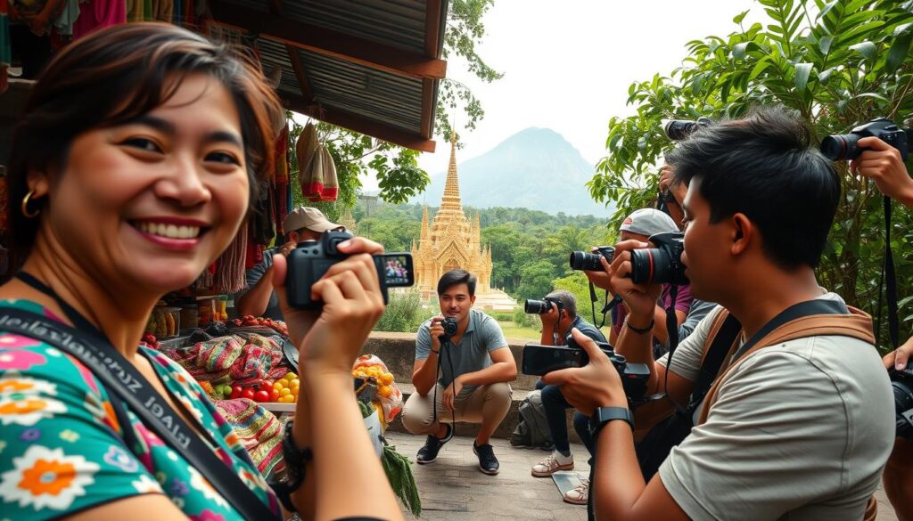 A group of diverse travelers capturing the vibrant culture and stunning landscapes of Thailand, their cameras and smartphones in hand. In the foreground, a smiling woman frames a shot of a colorful local market, its vibrant fabrics and fresh produce spilling into the frame. In the middle, a young man crouches by a serene temple, its intricate golden details shimmering in the soft, diffused lighting. In the background, a lush jungle canopy frames a majestic mountain range, its peaks touched by wispy clouds. The atmosphere is one of wonder, curiosity, and a deep appreciation for the beauty of Thailand, as the photographers eagerly share their unique perspectives with the world.