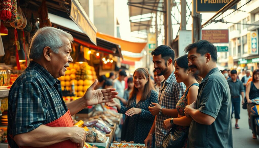 A lively street market in a bustling Thai city, with merchants skillfully negotiating prices with customers. In the foreground, a vendor gestures animatedly, showcasing an array of colorful goods. Middle ground features shoppers leaning in, engaged in spirited discussions, faces alight with the thrill of the bargain. The background captures the vibrant atmosphere, with stalls, awnings, and a bustling crowd creating a sense of energy and movement. Warm, golden lighting casts a mellow glow, complementing the vibrant hues. A wide-angle lens captures the dynamic scene, inviting the viewer to immerse themselves in the art of effective haggling.