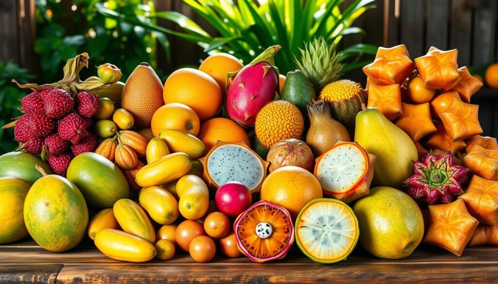 A lush display of vibrant Thai fruits arranged on a rustic wooden table, illuminated by warm natural lighting. In the foreground, an assortment of exotic tropical delights - luscious mangoes, succulent rambutans, plump longans, and fragrant jackfruit. The middle ground showcases the distinct shapes and textures of dragon fruit, custard apples, and bright-orange star apples. In the background, a hint of lush, verdant foliage adds to the bountiful, garden-fresh atmosphere. The overall composition evokes the vibrant, flavorful essence of Thailand's seasonal fruit offerings, inviting the viewer to explore and savor these unique and captivating flavors.