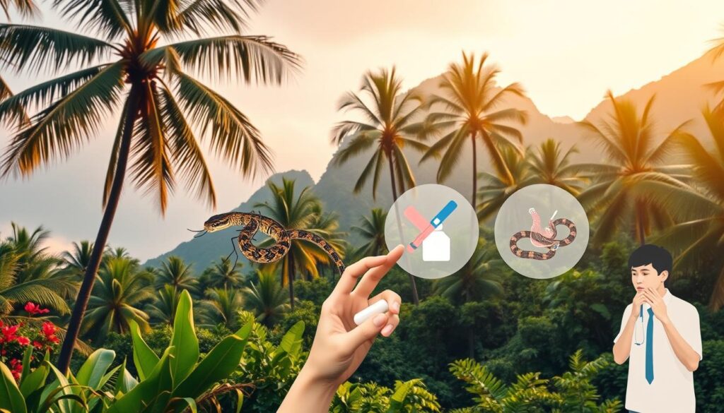 A lush tropical backdrop of palm trees and vibrant foliage sets the scene for a serene Thai landscape. In the foreground, a group of common health issues are depicted with realistic medical illustrations - a mosquito symbolizing dengue fever, a snake for snake bites, a hand holding pills for food poisoning, and a person coughing to represent respiratory illnesses. The lighting is soft and natural, creating a calming atmosphere that conveys the importance of staying healthy and preventing common ailments during a trip to Thailand. The composition is balanced and the details are sharp, creating an informative and visually engaging image.