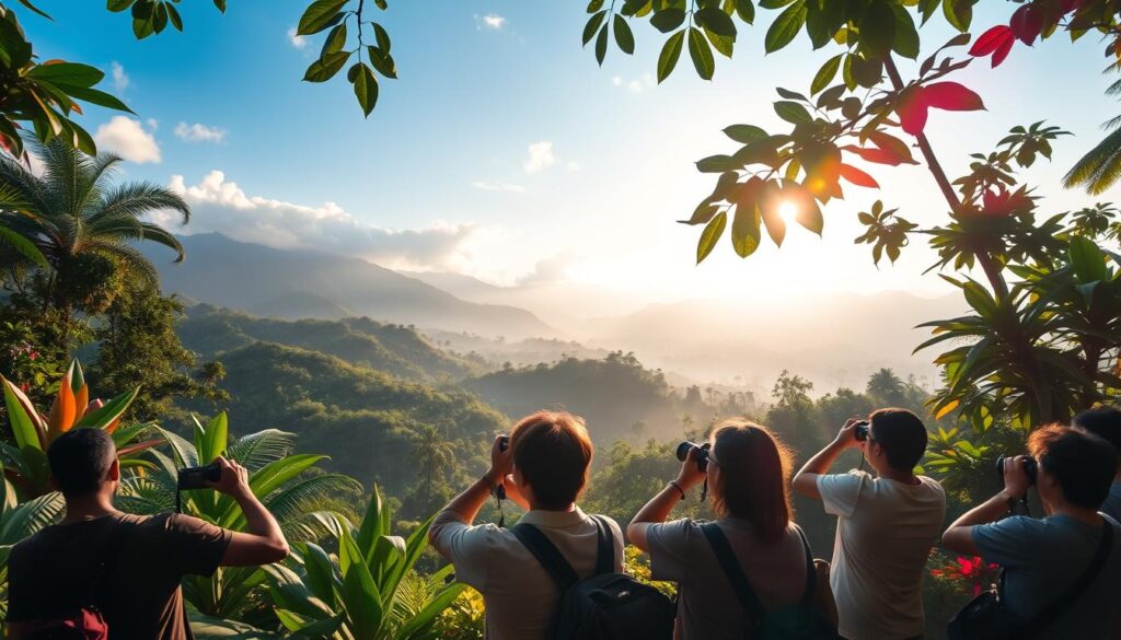 A lush tropical landscape, verdant hills and misty mountains in the distance, framed by vibrant flora - Thailand's diverse natural beauty. In the foreground, a group of photographers capture the moment, their cameras poised to immortalize the scene. Diffused sunlight filters through the canopy, casting a warm, golden glow over the entire tableau. The composition is dynamic, with various angles and perspectives showcasing Thailand's photographic richness - from sweeping vistas to intimate details, ancient temples to bustling markets. This image conveys the essence of Thailand's multifaceted photographic allure, a harmonious blend of natural wonder and human expression.