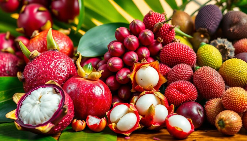 A lush tropical still life, showcasing a vibrant assortment of Thai fruits. In the foreground, a ripe and juicy mangosteen, its deep purple rind contrasting with the creamy white flesh. Surrounding it, a cascade of dragon fruits, their bold fuchsia skin speckled with tiny white scales. In the middle ground, clusters of fragrant rambutan, their hairy red shells peeled back to reveal glistening translucent orbs. In the background, a mix of exotic lychee, longan, and salak, their unique textures and hues blending harmoniously. Soft, warm lighting bathes the scene, highlighting the fruits' natural shine and casting gentle shadows. The composition is balanced and visually appealing, inviting the viewer to explore the diverse flavors and textures of Thailand's bountiful tropical harvest.