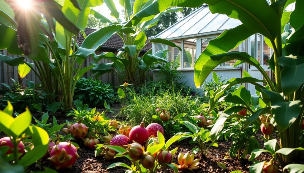 A lush, verdant garden in a quaint British backyard, the sun's warm glow filtering through the leaves. In the foreground, a vibrant array of exotic Thai fruits thriving - dragonfruit, rambutan, and mangosteen, their vibrant hues contrasting with the rich, earthy tones of the soil. A middle ground filled with towering banana trees, their broad fronds swaying gently in a soft breeze. In the background, a weathered greenhouse, its glass panels glinting, hinting at the tropical wonders cultivated within. The scene exudes a sense of tranquility and accomplishment, a testament to the resilience of these Thai delicacies in an unexpected climate.