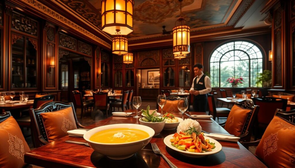A luxurious Thai dining room with ornate wooden carvings, intricate ceiling murals, and plush jewel-toned cushions. Soft, warm lighting from hanging brass lanterns casts a golden glow over the mahogany table, adorned with delicate porcelain plates and gleaming silverware. In the foreground, a steaming bowl of creamy coconut curry, accompanied by fragrant jasmine rice and a vibrant papaya salad. Servers in traditional Thai garb glide through the space, offering impeccable hospitality. The atmosphere exudes a perfect balance of elegance and authenticity, inviting diners to indulge in the height of Thai culinary refinement.