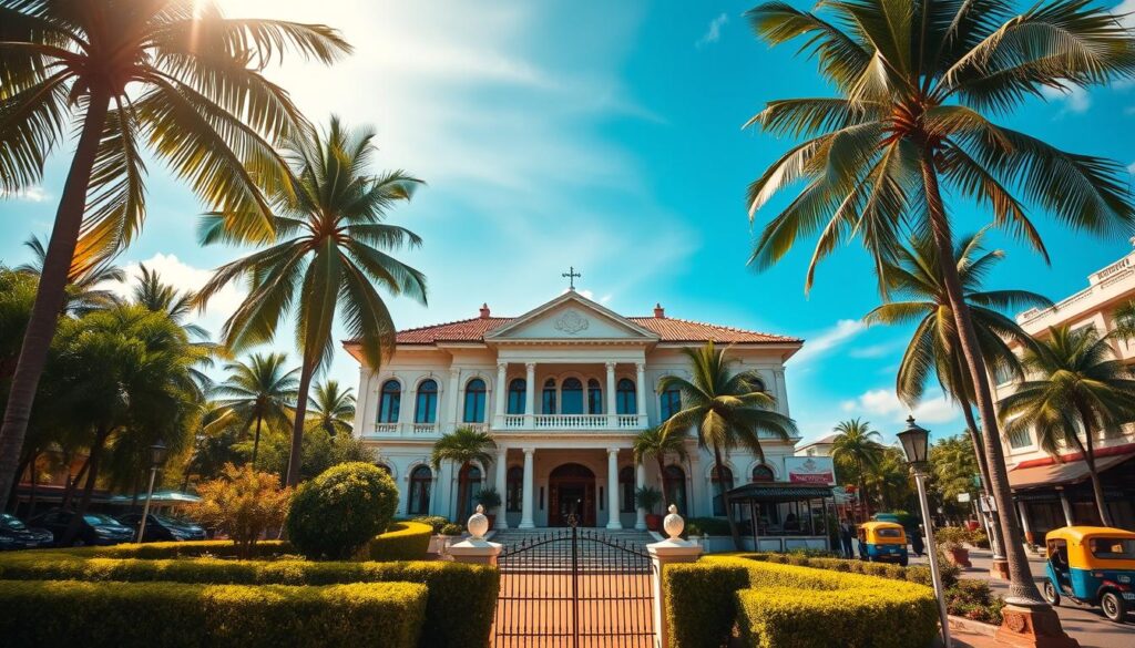 A majestic British consulate nestled amidst the tropical landscapes of Phuket, Thailand. The building's stately colonial architecture stands in elegant contrast to the lush palm trees and vibrant azure skies. The foreground features a well-maintained garden with neatly trimmed hedges and a welcoming gate, inviting visitors to explore the consulate's grounds. In the middle ground, the consulate's façade exudes an air of dignified authority, its intricate details and symmetrical design radiating a sense of tradition and heritage. The background showcases the bustling streets of Phuket, with local shops, restaurants, and the occasional passing tuk-tuk, creating a dynamic and immersive setting. The scene is illuminated by warm, golden sunlight, casting a serene and inviting atmosphere.