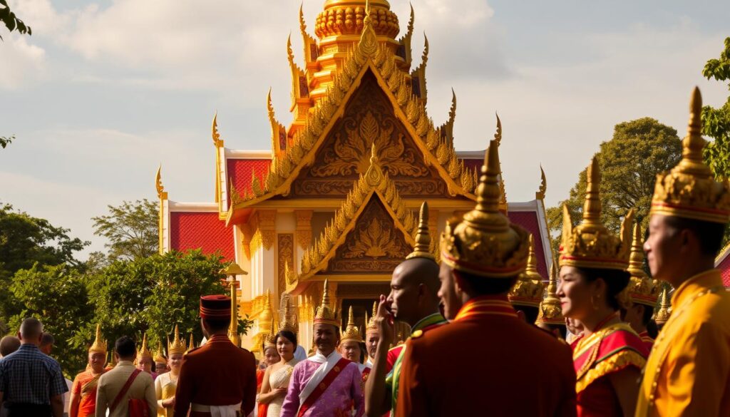 A majestic golden-roofed temple stands tall, its intricate carvings and ornamentations capturing the essence of Thai royal heritage. In the foreground, a ceremonial procession unfolds, with members of the Thai royal family adorned in traditional regalia, commanding reverence and respect. The scene is bathed in warm, golden light, creating an atmosphere of solemnity and reverence. In the background, a backdrop of lush, verdant foliage adds to the sense of regal splendor. The image conveys the profound significance of the Thai royal family and the inviolable rules that govern their veneration.