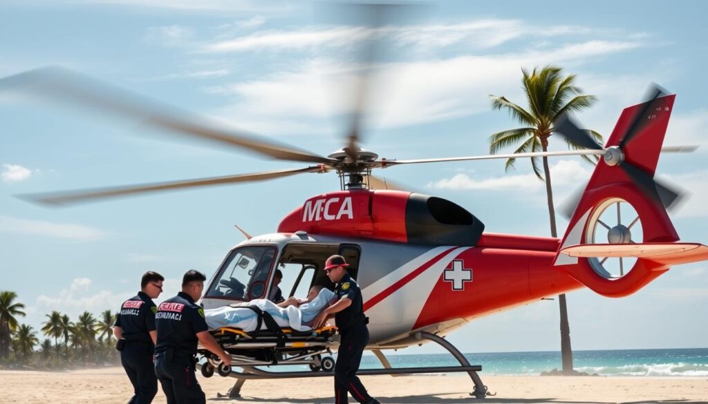A medical evacuation helicopter lifting off from a tropical beach in Thailand, with palm trees and a cloudless sky in the background. The helicopter's rotors are spinning rapidly, casting dramatic shadows on the sand. The aircraft is painted in a distinctive color scheme, with medical insignia clearly visible. Paramedics are carefully loading a patient onto a stretcher, their faces focused and determined. The scene conveys a sense of urgency and professionalism, highlighting the vital role of medical evacuation services in Thailand's travel infrastructure.