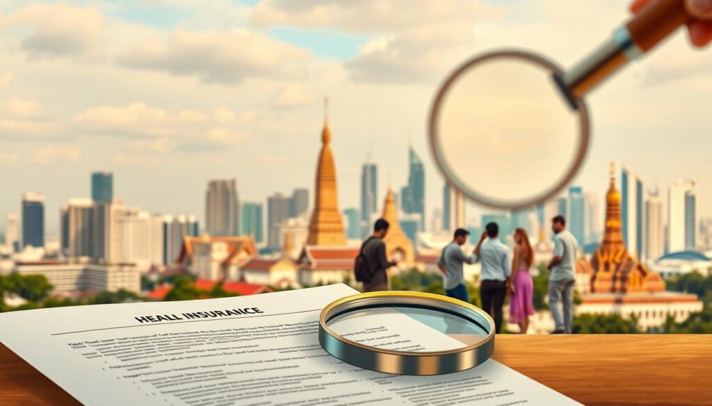 A meticulously crafted illustration showcasing the intricacies of medical insurance in Thailand. In the foreground, a magnifying glass hovers over a detailed health insurance policy document, its text crisp and legible. In the middle ground, a group of diverse travelers, representing the multicultural nature of Thailand's visitors, engaged in animated discussions about their coverage options. In the background, the iconic skyline of Bangkok's cityscape, its modern high-rises and ancient temples creating a harmonious blend of the old and new. The scene is bathed in a warm, golden light, conveying a sense of trust, security, and the importance of being informed when navigating the complexities of healthcare during a Thailand adventure.