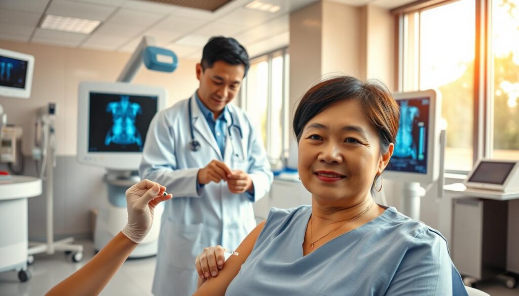 A modern medical facility in Thailand, with state-of-the-art equipment and attentive staff. In the foreground, a patient receiving an injection from a nurse, their expression calm and reassuring. In the middle ground, a doctor examines an x-ray on a light box, their brow furrowed in concentration. The background showcases the clean, sterile environment with gleaming tiles and efficient workflows. Warm, natural lighting filters in through large windows, creating a soothing atmosphere. The scene conveys the high quality of care and the cost-effective nature of medical treatments in Thailand, compared to the United States.