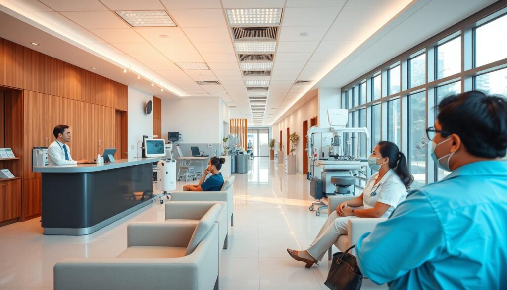 A modern, well-equipped Thai medical facility, bathed in warm natural lighting from large windows. In the foreground, a reception desk staffed by friendly personnel, with patients sitting comfortably in plush chairs. The middle ground reveals state-of-the-art medical equipment and examination rooms, conveying a sense of professionalism and care. In the background, a clean, organized hallway leads to other departments, hinting at the comprehensive healthcare services available. The atmosphere is one of efficiency, cleanliness, and a dedication to patient well-being, reflecting the high standards of the Thai healthcare system.