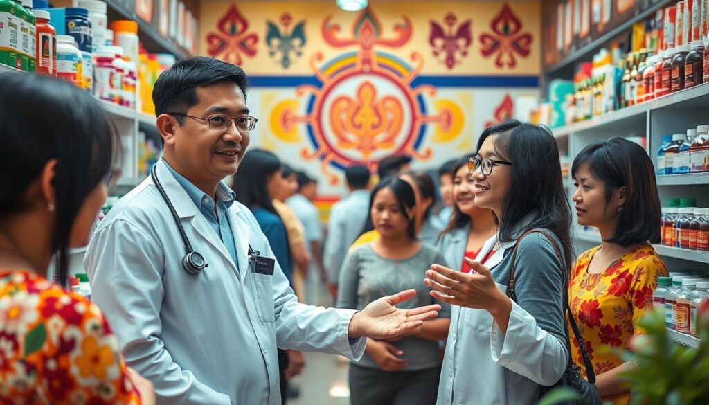 A multilingual pharmacist stands in a bustling Thai pharmacy, surrounded by shelves of colorful medication bottles. The scene is bathed in warm, natural lighting, creating a sense of approachability and care. In the foreground, the pharmacist gestures emphatically, engaging in a friendly dialogue with a patient, their expressions conveying understanding and compassion. The middle ground features a diverse array of customers, each with unique cultural and linguistic backgrounds, seeking medical advice. In the background, a vibrant mural showcases traditional Thai healing symbols, symbolizing the rich heritage of the country's healthcare system.