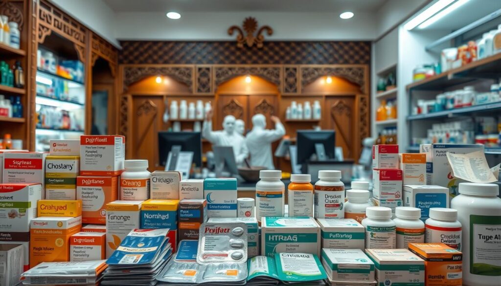 A neatly arranged display of common prescription medications found in Thai pharmacies, including popular pain relievers, antibiotics, antihistamines, and supplements. The foreground showcases an assortment of blister packs, bottles, and boxes in a variety of shapes and colors, with clear labeling in both Thai and English. The middle ground features a pharmacist's desk with a computer monitor, reference materials, and a mortar and pestle, creating a sense of a professional medical setting. The background depicts a warm, inviting atmosphere with traditional Thai architectural elements, such as carved wooden panels and warm lighting, to convey a welcoming and authentic ambiance. The overall lighting is soft and diffused, creating a sense of tranquility and attention to detail.