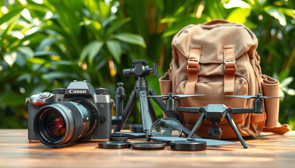A neatly arranged still life of premium photography gear for Thailand. In the foreground, a sleek DSLR camera with a wide-angle lens, its metal body gleaming under soft natural lighting. Beside it, a rugged weatherproof backpack, its fabric textured and distressed, ready to withstand tropical adventures. In the middle ground, an array of accessories - a collapsible tripod, a polarizing filter, and a compact drone with foldable propellers. In the background, lush green foliage frames the scene, hinting at the vibrant landscapes waiting to be captured. The overall mood is one of preparation, adventure, and the promise of stunning, authentic images from the Kingdom of Thailand.