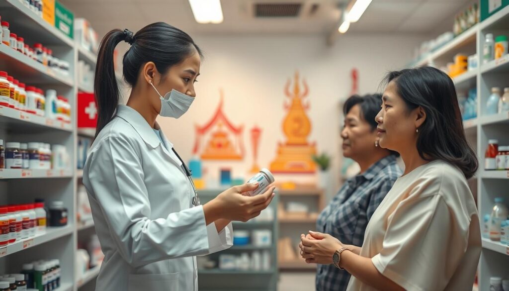 A neatly organized pharmacy interior, with rows of shelves stocked with medication bottles and first-aid supplies. In the foreground, a nurse in a crisp white uniform demonstrates proper medication handling techniques to a Thai patient. Soft, warm lighting casts a soothing glow, creating an atmosphere of trust and medical expertise. The background features cultural elements like Thai art and architecture, conveying a sense of place. The scene exudes a balanced tone of professionalism, community, and healthcare safety awareness.