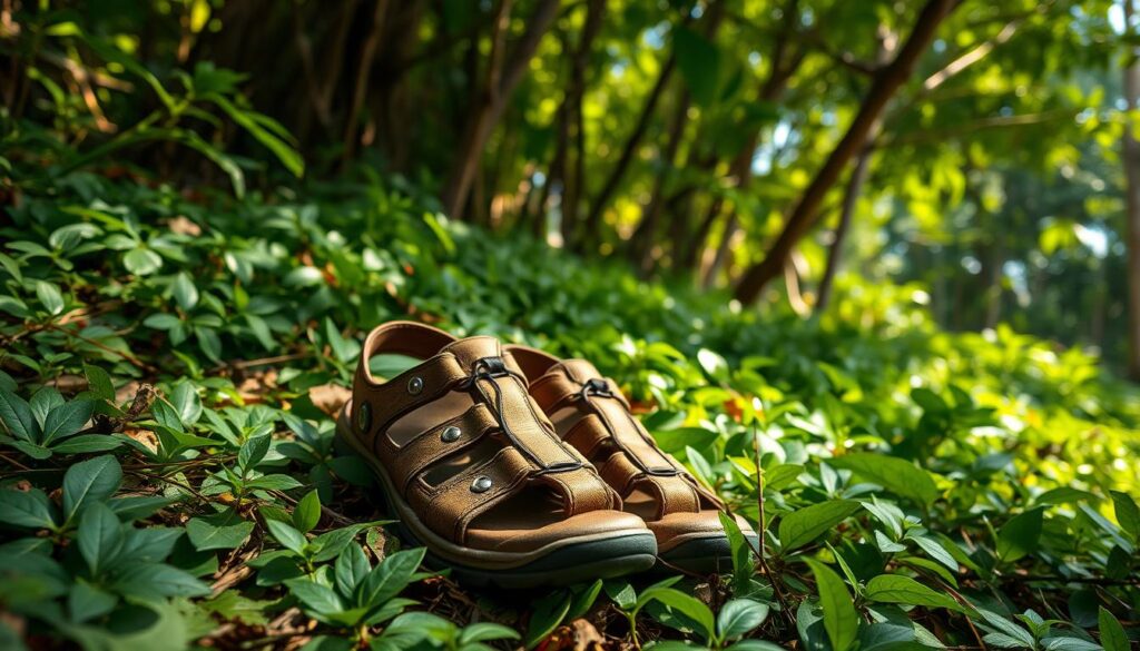 A pair of rugged, leather walking sandals resting on a lush, green jungle floor. The sandals are weathered and well-worn, suggesting adventures through Thailand's verdant landscapes. Dappled sunlight filters through the overhead canopy, casting a warm, natural glow on the scene. The sandals sit amidst scattered foliage, hinting at the outdoorsy exploration to come. The composition evokes a sense of relaxation and exploration, perfect for a Thailand adventure.