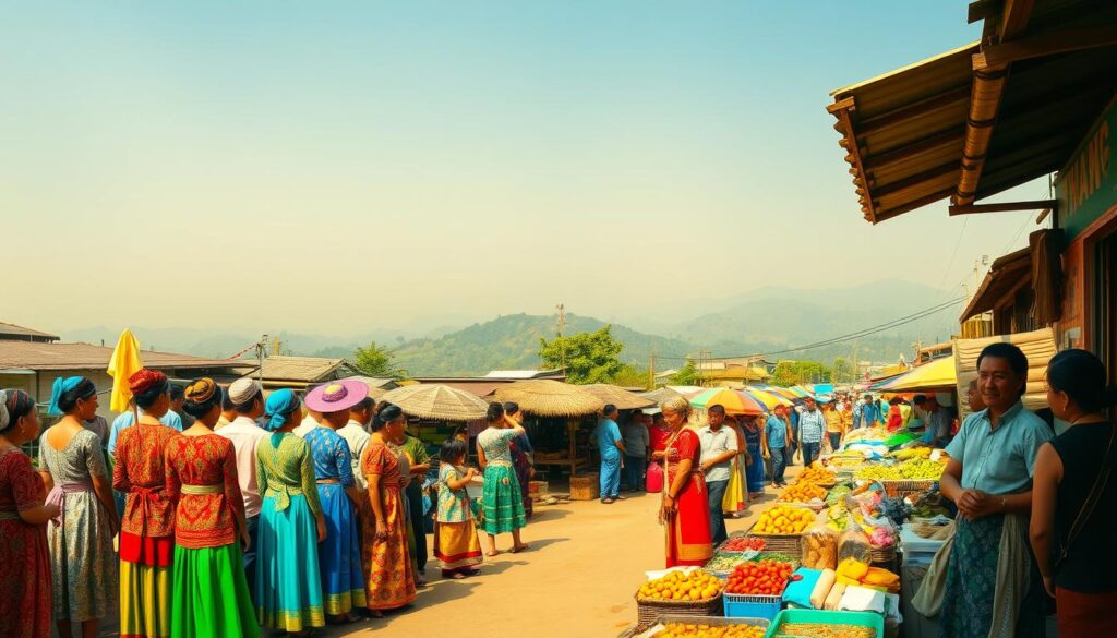 A panoramic landscape of Thailand's diverse regional dialects, captured through a cinematic lens. In the foreground, a vibrant tapestry of traditional costumes and cultural artifacts, each representing a distinct linguistic region. The middle ground features a bustling marketplace, where vendors engage in animated conversations, their dialects echoing the unique rhythms and tones of their respective provinces. In the distance, a hazy, mountainous backdrop serves as a reminder of Thailand's rich geographical diversity, which has given rise to the country's linguistic tapestry. Warm, golden sunlight bathes the scene, evoking a sense of cultural warmth and celebration. The image conveys the beauty, complexity, and unity of Thailand's linguistic heritage.