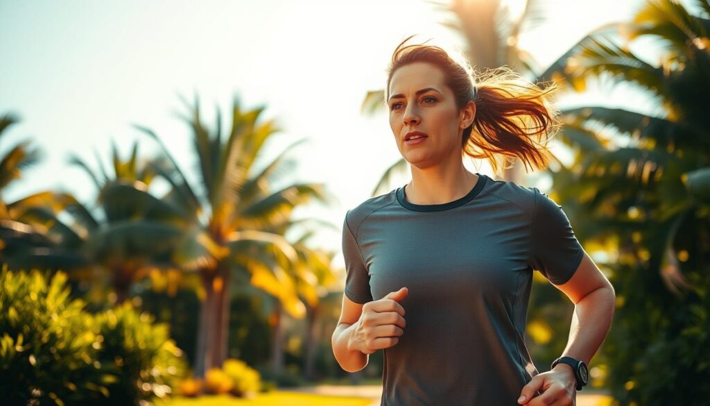 A person dressed in lightweight, breathable activewear jogging along a sun-dappled path, surrounded by lush tropical foliage. Sweat glistens on their brow as they maintain a steady pace, focused yet serene. In the background, palm trees sway gently in a light breeze, and the sky is a vibrant azure. Warm, diffused lighting casts a golden glow, creating a sense of energy and vitality. The composition emphasizes the subject's determination to stay active while managing the heat, conveying a message of resilience and adaptability.