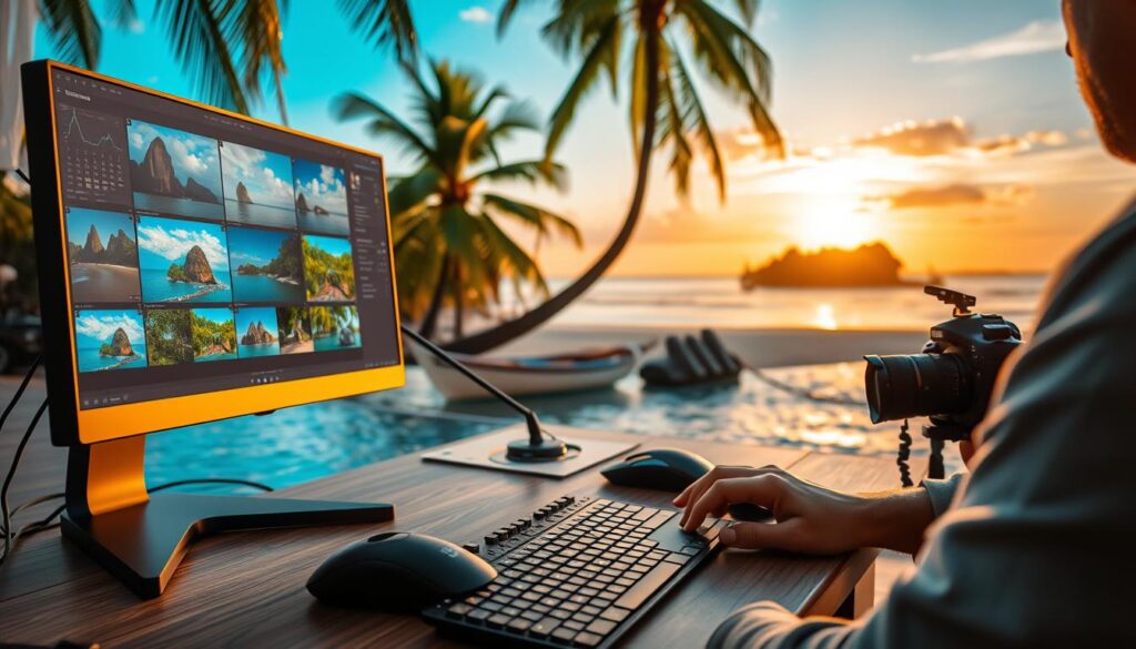 A photo editing suite fills the foreground, with an ergonomic mouse, keyboard, and display showcasing vibrant Thailand landscape photos. In the middle ground, a photographer reviews the images, meticulously adjusting color balance, contrast, and composition. The background features a serene Thai beach scene, with swaying palm trees, turquoise waters, and a golden sunset glow. The overall atmosphere evokes a sense of focused creativity, tropical tranquility, and the joy of refining visually stunning Thailand travel photography.