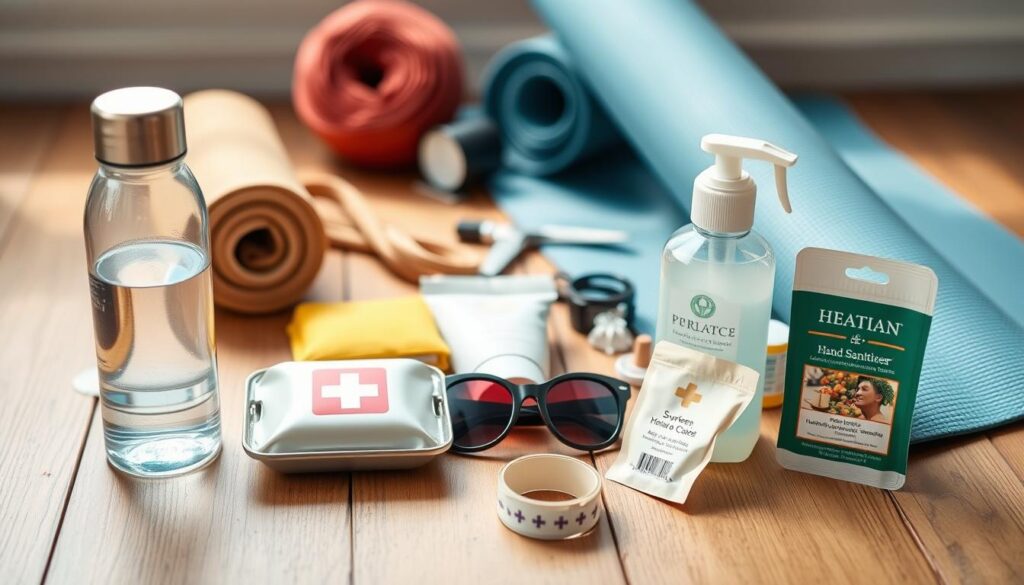 A picturesque travel-ready assortment of health and wellness items neatly arranged on a wooden surface. In the foreground, a reusable water bottle, a compact first-aid kit, and a roll of medical tape. In the middle ground, a container of sunscreen, a pair of sunglasses, and a travel-sized bottle of hand sanitizer. In the background, a yoga mat, a small meditation cushion, and a herbal tea sachet. The scene is lit by soft, natural light, capturing the tranquil and practical essence of staying healthy and centered while on the go.
