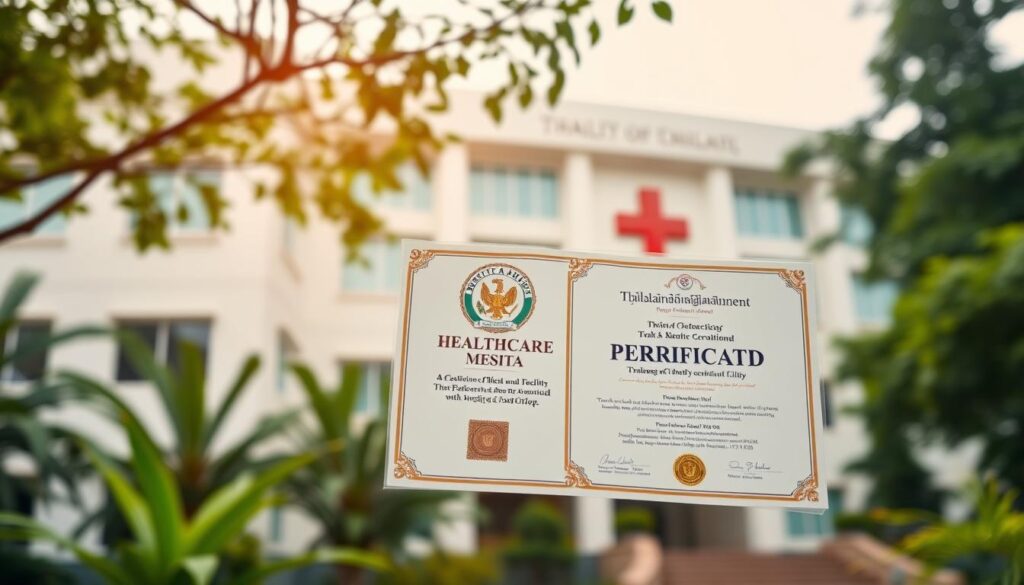 A pristine, modern healthcare facility against a backdrop of lush Thai greenery. In the foreground, an official-looking healthcare accreditation certificate is prominently displayed, its emblem and text emblazoned in rich, vibrant colors. The lighting is soft and diffused, casting a warm, inviting glow over the scene. The camera angle is slightly elevated, allowing the viewer to take in the full scope of the building's facade and its surrounding environment. The overall atmosphere conveys a sense of professionalism, quality, and attention to detail that is representative of Thailand's commitment to delivering excellence in healthcare, both in urban and rural settings.