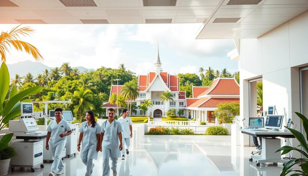 A pristine, modern hospital set against the lush, verdant backdrop of a tropical Thai landscape. The foreground features a group of healthcare workers in crisp, white uniforms confidently navigating the well-equipped facility, conveying a sense of professionalism and care. The middle ground showcases state-of-the-art medical equipment and technology, hinting at the high-quality healthcare available. In the distance, the iconic Thai architecture and vibrant foliage create a calming, tranquil atmosphere, reflecting the country's commitment to health and wellness. Warm, natural lighting bathes the scene, emanating a reassuring and safe ambiance. The overall composition conveys the message of comprehensive, reliable health and medical services for travelers in Thailand.