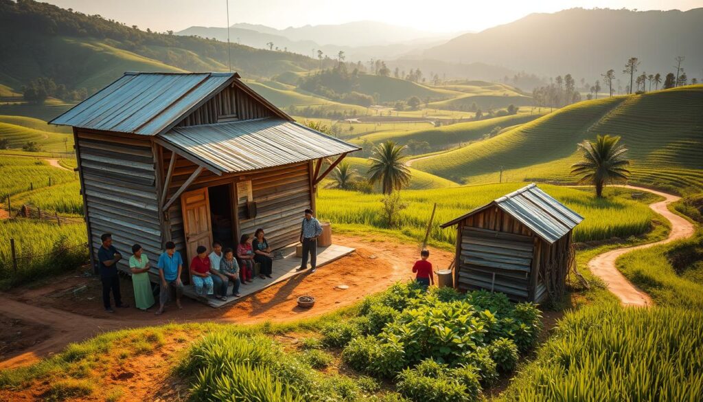 A rustic rural healthcare center nestled amid lush green fields and winding dirt paths. The weathered wooden building stands tall, its tin roof glistening in the warm, golden sunlight. In the foreground, a small group of locals wait patiently, seeking medical attention. The middle ground features a modest garden bursting with vibrant medicinal herbs, tended by a kind-faced nurse. The background showcases the rolling hills and distant mountains that define the peaceful, bucolic landscape. The scene evokes a sense of community, resilience, and the unique challenges faced by those seeking quality healthcare in Thailand's rural regions.
